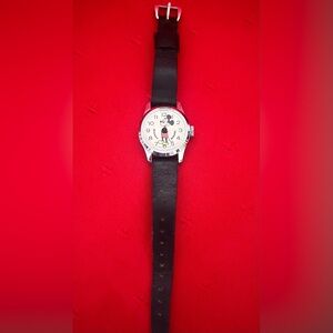 Vintage Mickey Mouse Black Leather Strap Watch for parts only